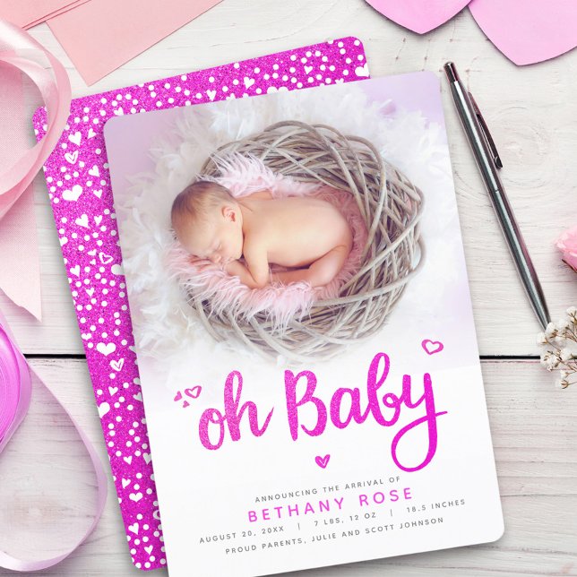 Oh Baby Sweet Girl Photo Rosa Hearts Script Birth Meddelande (Skapare uppladdad)