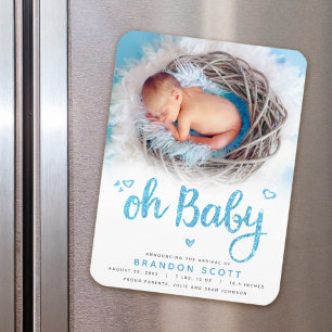 Oh Baby Sweet Modern Blue Boy Birth Photo Magnet