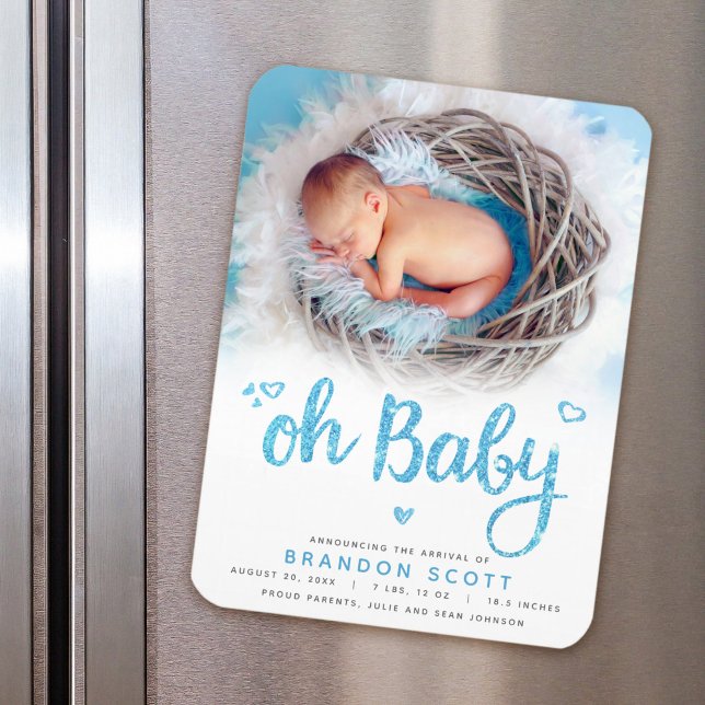 Oh Baby Sweet Modern Blue Boy Birth Photo Magnet (Skapare uppladdad)