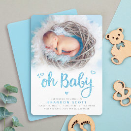 Oh Baby Sweet Modern Cute Blue Boy Birth Photo Meddelande