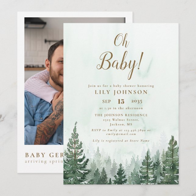 Oh Baby Tallskog Baby Shower Foto QR-kod Inbjudningar (Fram/baksida)