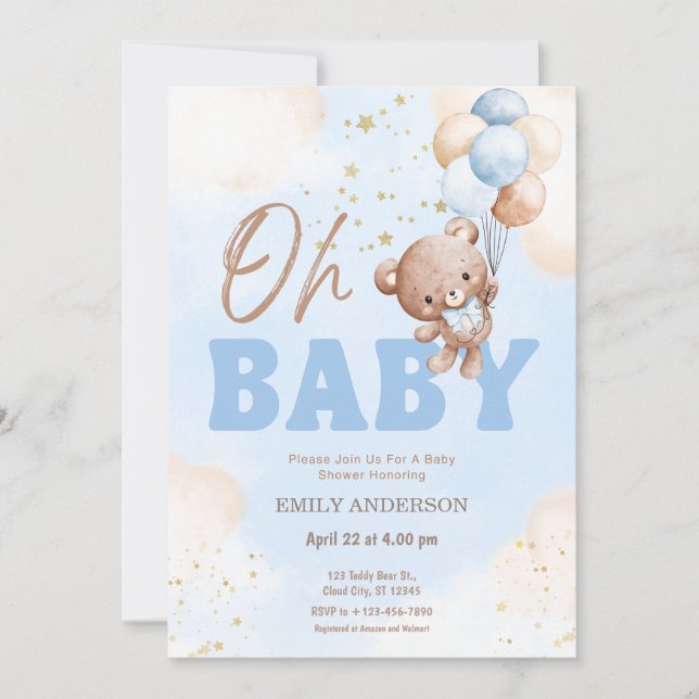 Oh Baby Teddy Bear Balloons Boy Baby Shower  Inbjudningar (Framsida)