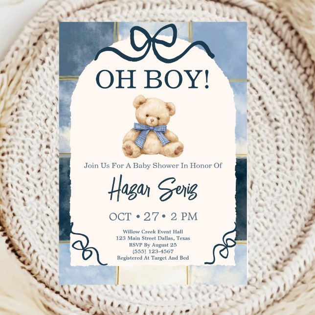 Oh Baby Teddy Bear Blå Bebis Babyshower Inbjudningar (Skapare uppladdad)