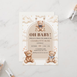 Oh Baby Teddy Bear Gunga Båge Dopp Inbjudan Kort