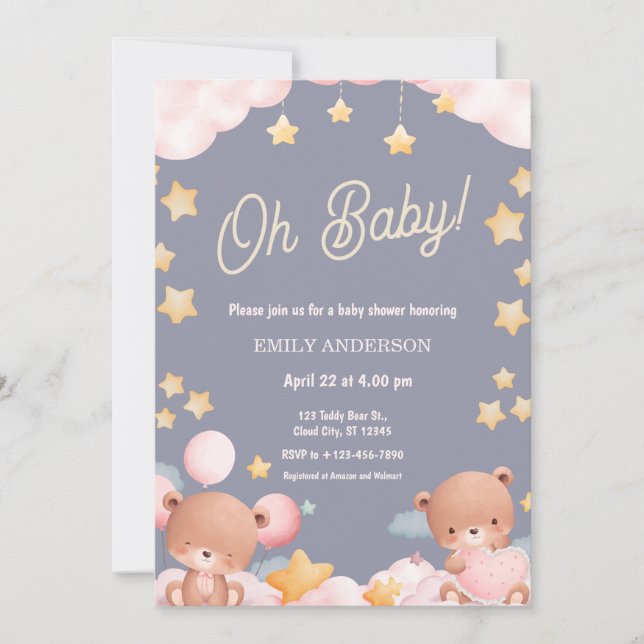 Oh Baby Teddy Bear Twinkle Little Star Baby Shower Inbjudningar (Framsida)