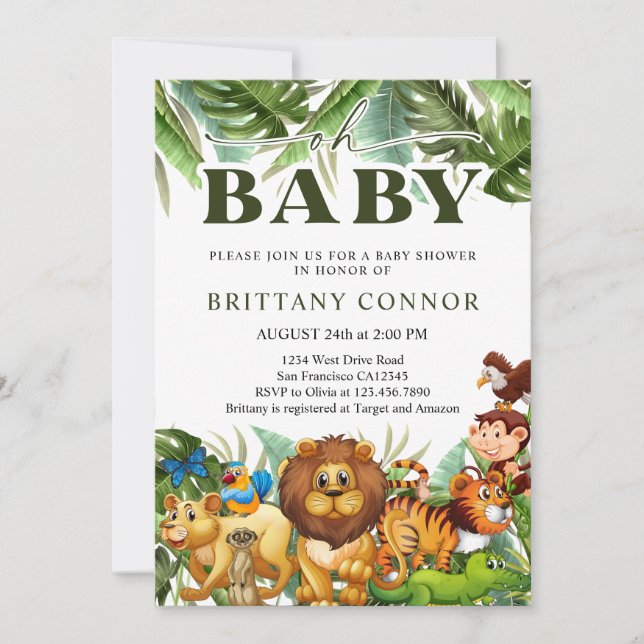 Oh Baby Tropical Jungle Safari Animals Baby Shower Inbjudningar (Framsida)