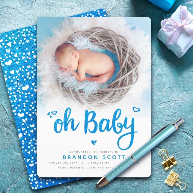 Oh Baby Turcos Glitter Script Photo Boy Birth Meddelande (Skapare uppladdad)