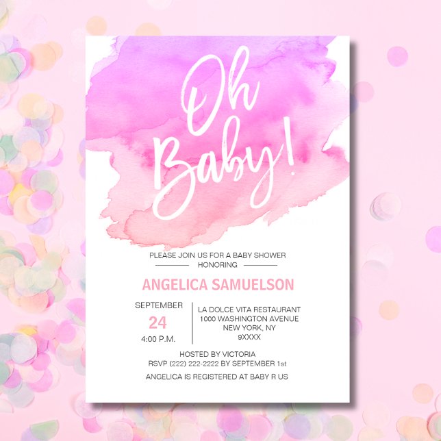 OH BABY! Vattenfärgspersikor Rosa Lila Baby Shower Inbjudningar (OH BABY! Watercolor Peach Pink Purple Baby Shower Invitation)
