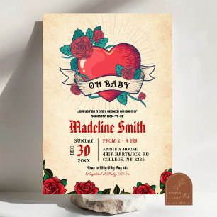 Oh Baby Vintage Tattoo Heart Baby Shower Inbjudningar