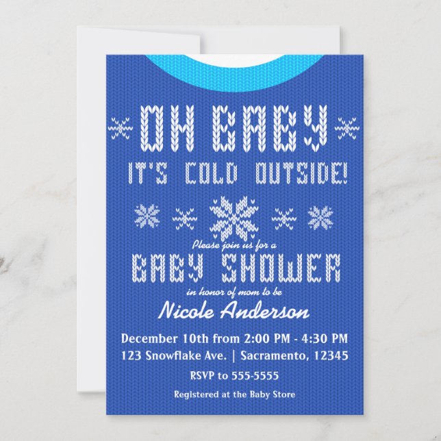 OH BABY Vinter Baby Shower Stickad Tröja Blå Vit Inbjudningar (Framsida)