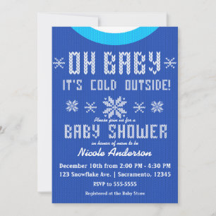 OH BABY Vinter Baby Shower Stickad Tröja Blå Vit Inbjudningar