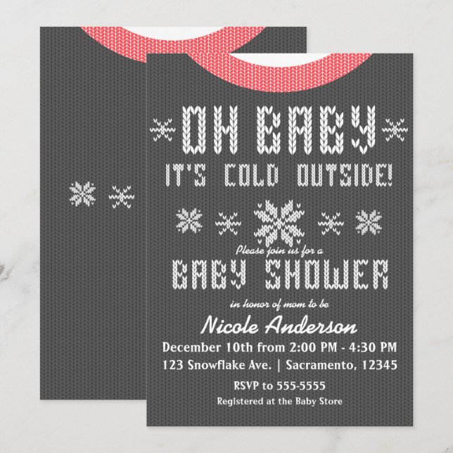 OH BABY Vinter Baby Shower Stickad Tröja Grå Röd Inbjudningar (Fram/baksida)