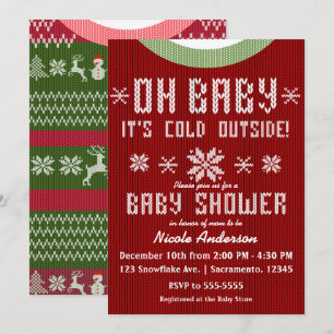 OH BABY Vinter Baby Shower Stickad Tröja Röd Grön Inbjudningar