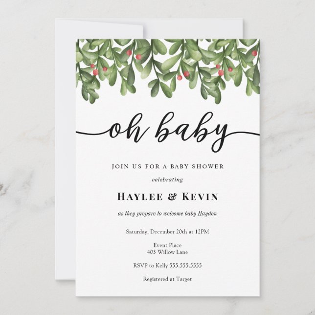 "Oh Baby" Vinter Greenery Baby Shower-inbjudan Inbjudningar (Framsida)