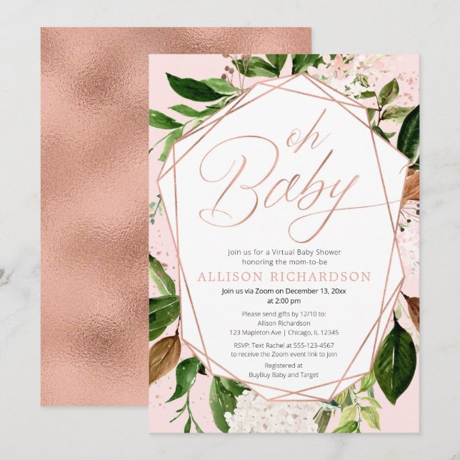 Oh Baby Virtuell Baby Shower Girl Girl ro guld grö Inbjudningar (Fram/baksida)