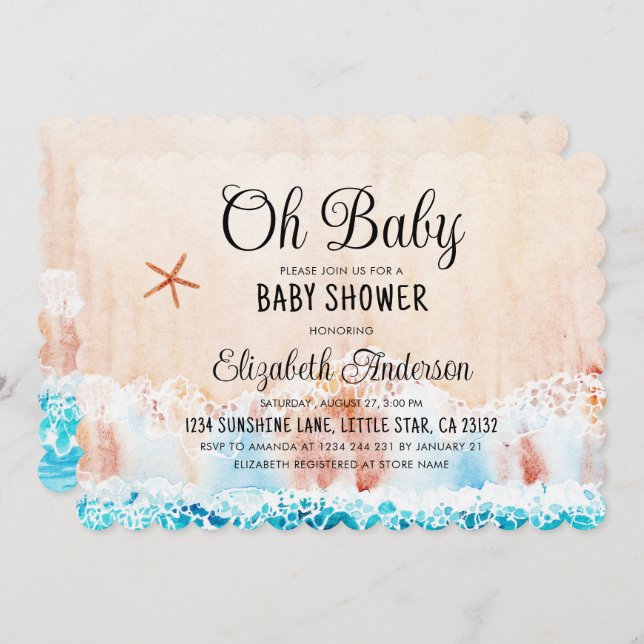 Oh Baby Watercolor Beach Baby Shower Inbjudningar (Fram/baksida)