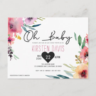 Oh Baby Watercolor Blommigt Girl Baby Shower Vykort