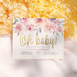 Oh Baby Watercolor Ro Greenery Guld Baby Shower Inbjudan Vykort