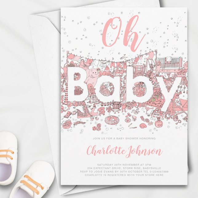 Oh Baby Watercolor Rosa Baby Shower Inbjudningar (Oh baby pink watercolor baby shower Invitation )