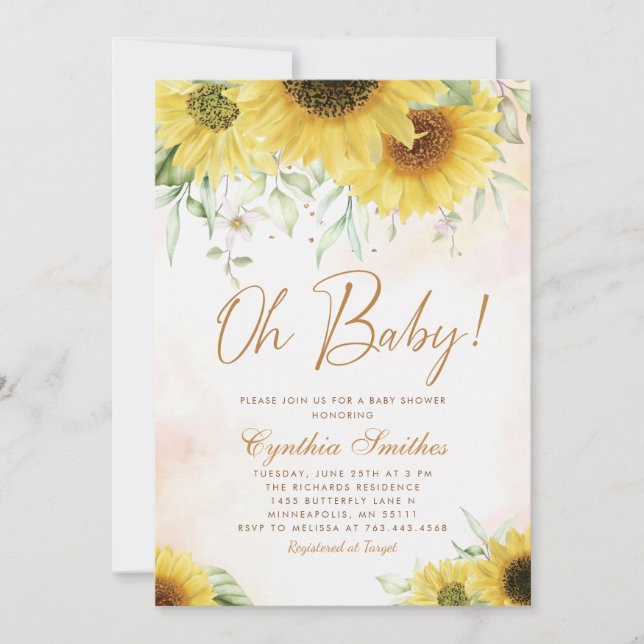 Oh Baby Watercolor Solros Blommigt Baby Shower Inbjudningar (Framsida)