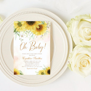 Oh Baby Watercolor Solros Blommigt Baby Shower Inbjudningar