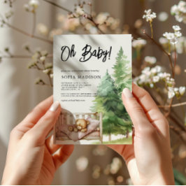 Oh Baby Watercolor Woodland Nalle Baby Shower Inbjudningar