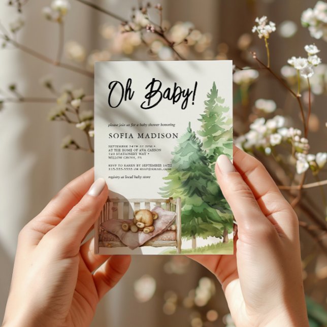 Oh Baby Watercolor Woodland Nalle Baby Shower Inbjudningar (Skapare uppladdad)