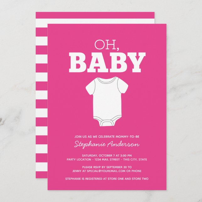 Oh Baby - Whimsical Tee Shock rosa Girl Shower Inbjudningar (Fram/baksida)