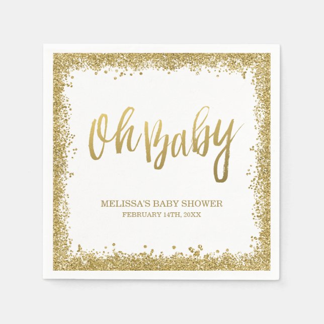 Oh Baby White Guld Faux Glitter Baby Shower Pappersservett (Framsidan)