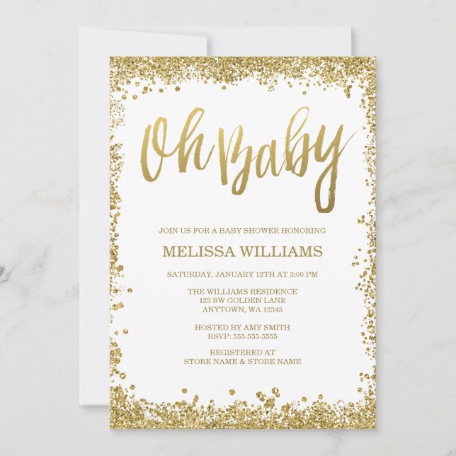 Oh Baby White Guld Glitter Baby Shower Inbjudningar (Framsida)