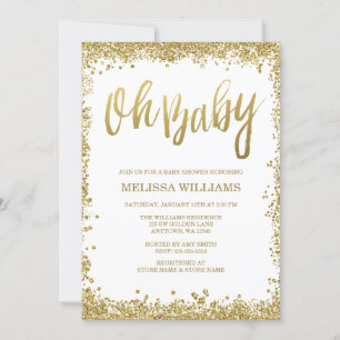Oh Baby White Guld Glitter Baby Shower Inbjudningar