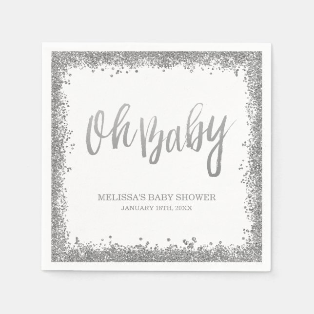 Oh Baby White Silver Faux Glitter Baby Shower Pappersservett (Framsidan)