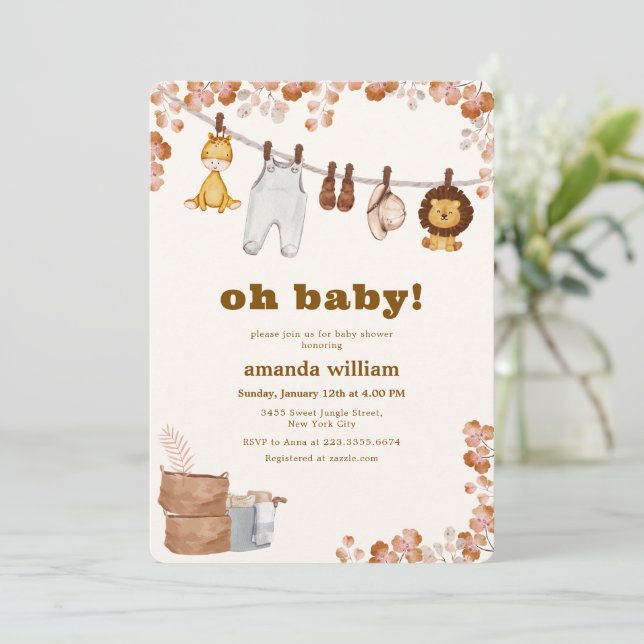 Oh Baby Wild Jungle Safari Clothesline Baby Shower Inbjudningar (Stående Fram)