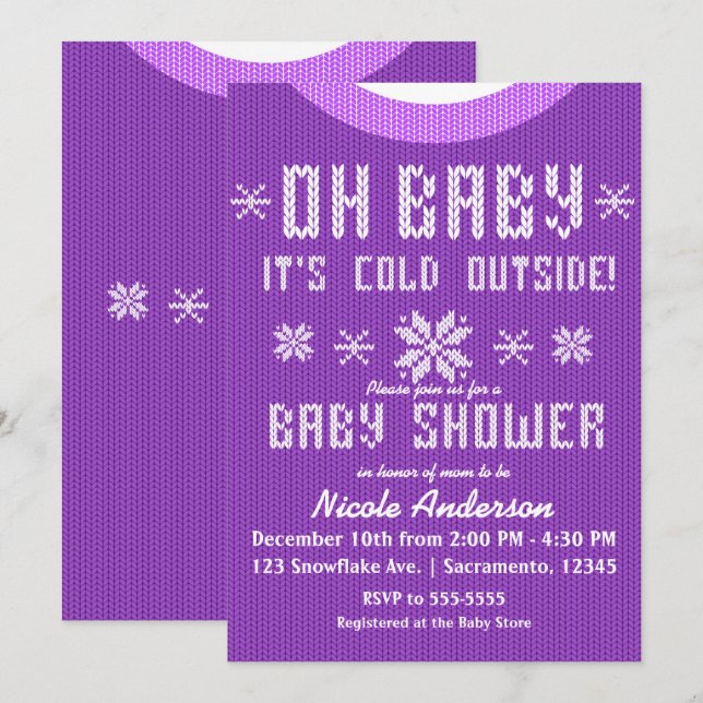 OH BABY Winter Baby Shower Sticka Sweater Lila Inbjudningar (Fram/baksida)
