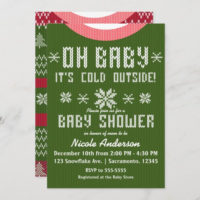 OH BABY Winter Baby Shower Sticka Sweater Red Grön Inbjudningar (Fram/baksida)