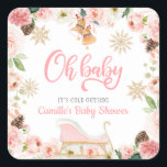 Oh Baby Winter Rosa Girl Baby Shower Favor Fyrkantigt Klistermärke<br><div class="desc">En elegant Winter Girl Baby Shower Favor Square Stickers designad med rosa blommor,  pinekoner och snöflingor. Perfekten som avslutar beröring till party favors. De flesta bokstäver är redigerbara - klicka på knappen "Anpassa ytterligare" för att redigera dem. Matchande objekt i vår butiks Cava party-design</div>