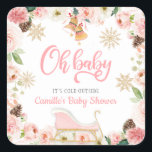 Oh Baby Winter Rosa Girl Baby Shower Favor Fyrkantigt Klistermärke<br><div class="desc">En elegant Winter Girl Baby Shower Favor Square Stickers designad med rosa blommor,  pinekoner och snöflingor. Perfekten som avslutar beröring till party favors. De flesta bokstäver är redigerbara - klicka på knappen "Anpassa ytterligare" för att redigera dem. Matchande objekt i vår butiks Cava party-design</div>