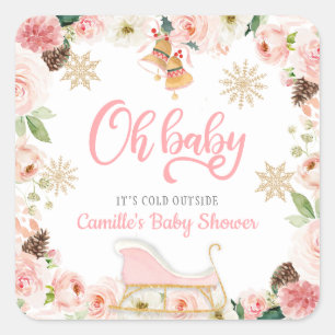 Oh Baby Winter Rosa Girl Baby Shower Favor Fyrkantigt Klistermärke