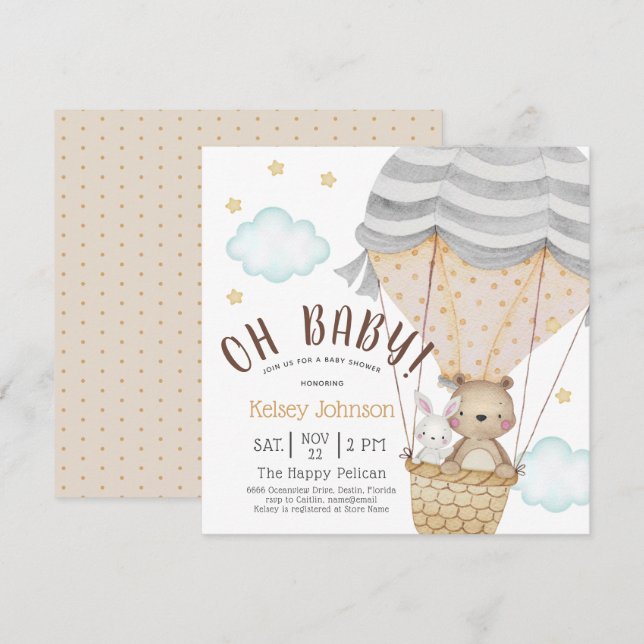 Oh Baby Woodland Nalle Neutralt Baby Shower Inbjudningar (Fram/baksida)