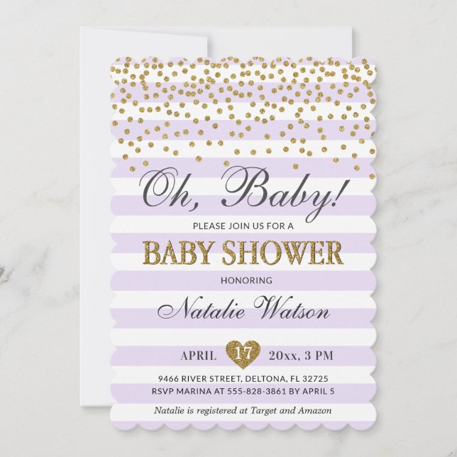 Oh babylavendellilor och guldflickababy shower inbjudningar (Framsida)