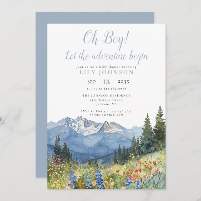 Oh Boy Adventure Begin Mountain Baby Shower Invita Inbjudningar (Fram/baksida)