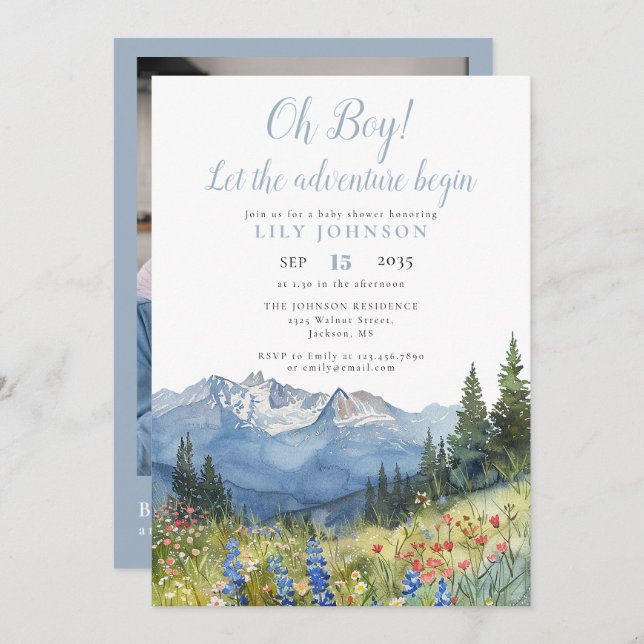 Oh Boy Adventure Begin Photo QR Code Baby Shower Inbjudningar (Fram/baksida)