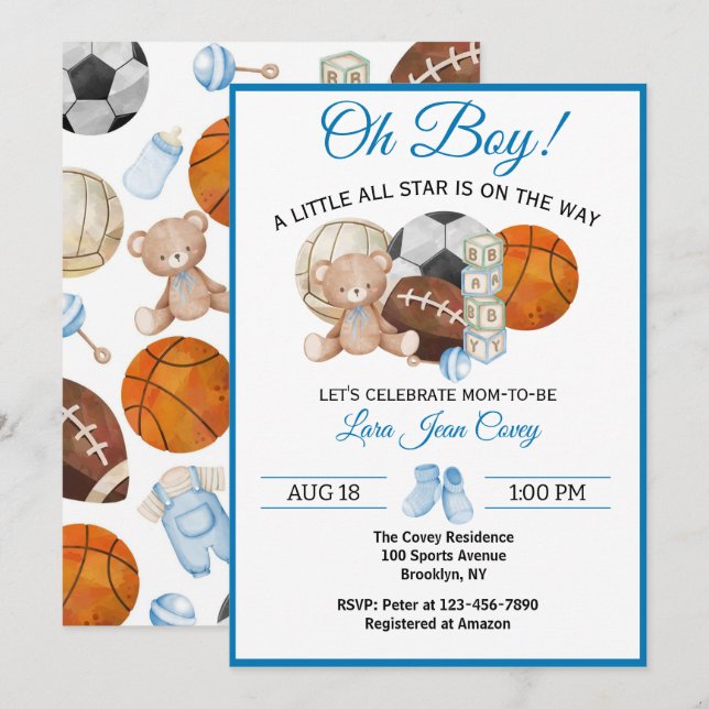 Oh Boy All Star Sport Baby Shower  Inbjudningar (Fram/baksida)