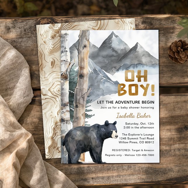 Oh Boy Äventyr Begin | Björn- och fågelbabyskor Inbjudningar (Woodland Baby Shower Invite)