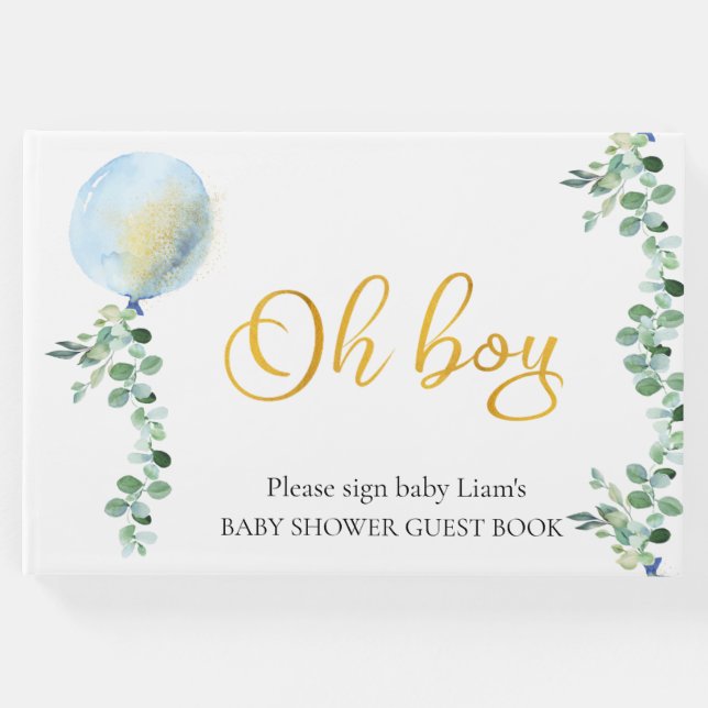 Oh Boy Baby blue Balloon Eucalyptus babydusch Gästböcker (Framsida)