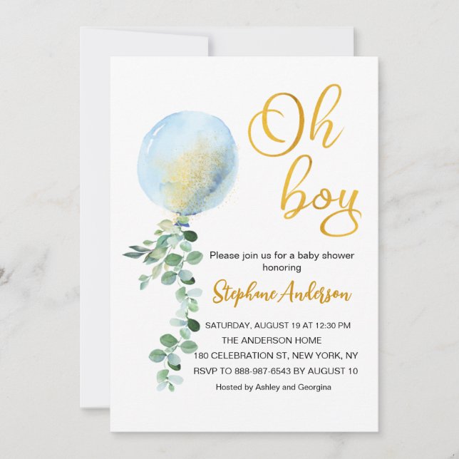 Oh Boy Baby blue Balloon Eucalyptus babydusch Inbjudningar (Framsida)