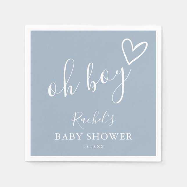 Oh Boy Baby Cute Heart Dusty Blue Baby Shower Pappersservett (Framsidan)