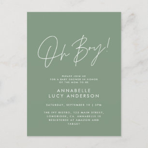 oh boy Baby-duschskript, modern grönt elegant Vykort