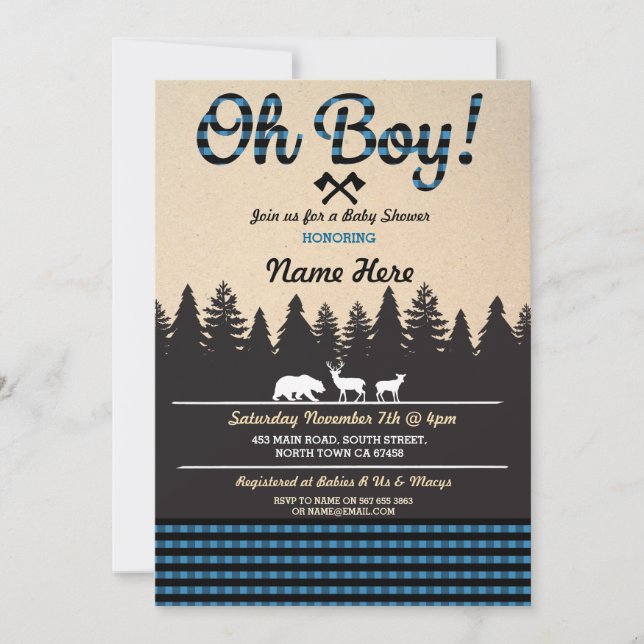 Oh Boy Baby Lumberjack Baby Shower Blue Inbjudan (Framsida)