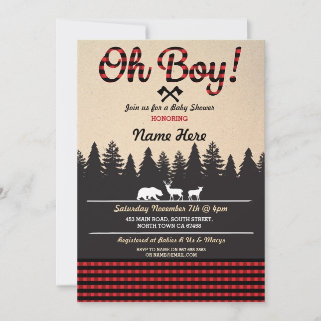 Oh Boy Baby Lumberjack Baby Shower Red Inbjudan (Framsida)